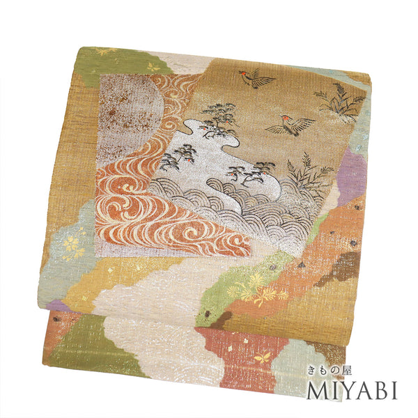 袋帯 リサイクル 帯丈452cm ポイント柄 鶴柄 ブラウン Lサイズ 正絹 Sランク お洒落