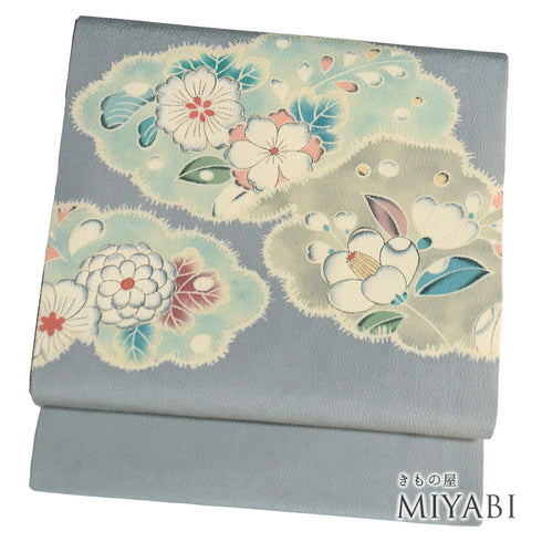 名古屋帯 リサイクル 帯丈375.5cm ポイント柄 辻が花 帯前部分開き仕立て ちりめん グレー Mサイズ 正絹 Sランク お洒落 落款