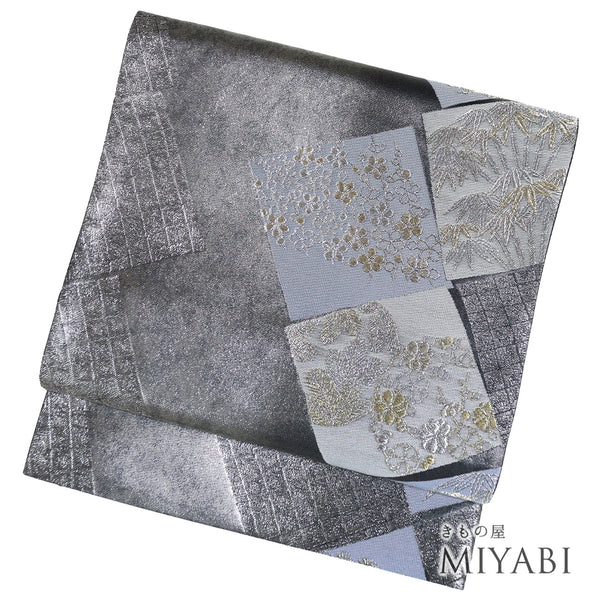 袋帯 リサイクル 帯丈440cm 六通 梅や笹柄 寿松色紙文 シルバー Mサイズ 正絹 新品・未使用品 フォーマル お洒落