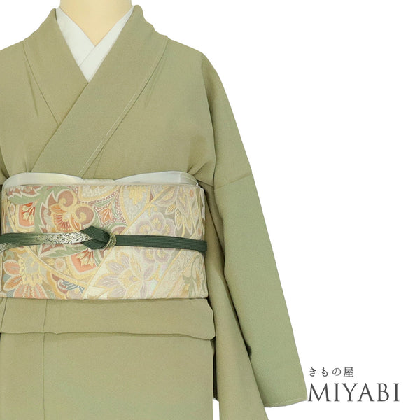 色無地 リサイクル 身丈162.8cm 裄68.4cm 袷 ぼかし グリーン Lサイズ セミフォーマル 一つ紋 しつけ糸 正絹 広衿 Sランク