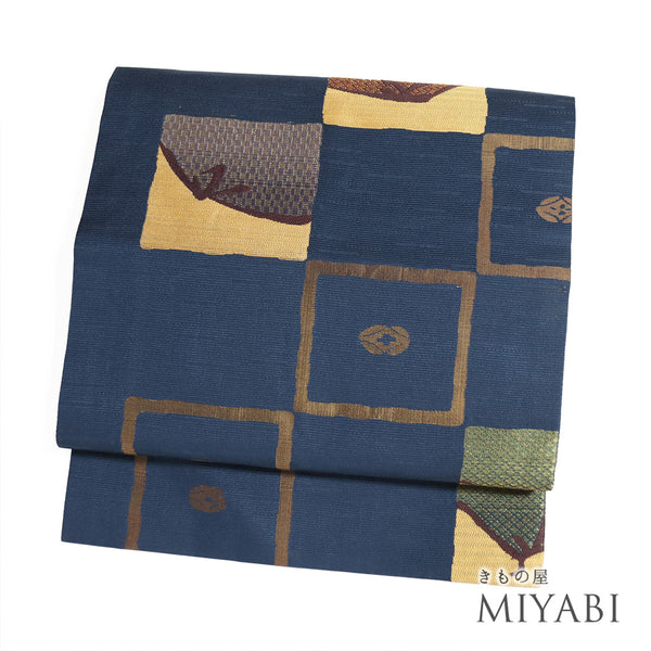 名古屋帯 リサイクル 帯丈355cm 六通 幾何学柄 ネイビー Sサイズ 正絹 Sランク お洒落 カジュアル