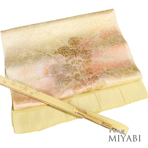 帯締め・帯揚げセット リサイクル お洒落 平組紐 ちりめん ゴールド 正絹 新品・未使用品 草花柄