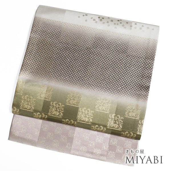 袋帯 リサイクル 帯丈444cm 六通 段ぼかし 市松 石畳柄 一期一会 多色 Mサイズ 正絹 新品・未使用品 フォーマル セミフォーマル