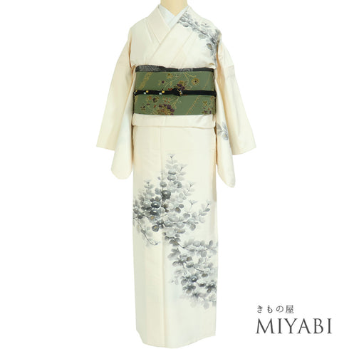 訪問着 リサイクル 身丈158.2cm 裄64.8cm 単衣 菊柄 深山 肩当て付き パールトーン加工 アイボリー Mサイズ お洒落 正絹 広衿 Aランク