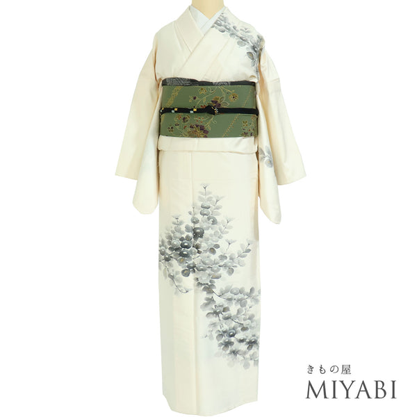 訪問着 リサイクル 身丈158.2cm 裄64.8cm 単衣 菊柄 深山 肩当て付き パールトーン加工 アイボリー Mサイズ お洒落 正絹 広衿 Aランク