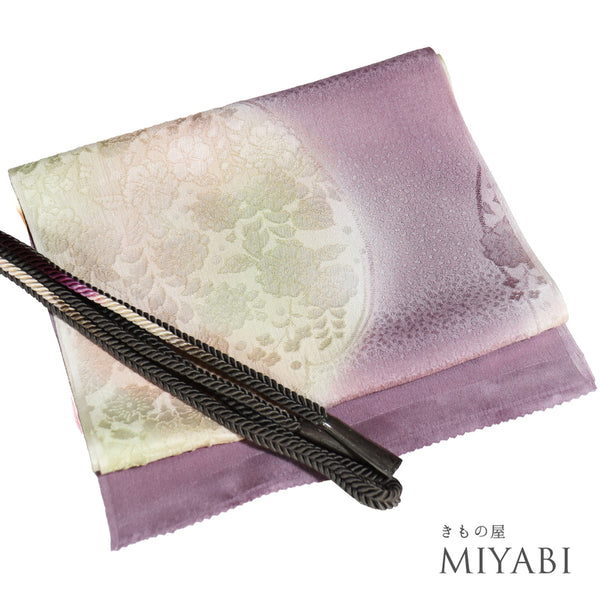 帯締め・帯揚げセット リサイクル ゆるぎ パープル 正絹 新品・未使用品 花柄