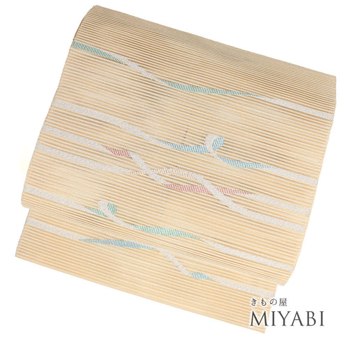 名古屋帯 リサイクル 帯丈369.5cm ポイント柄 8寸 絽 紐柄 金銀糸加工 ベージュ Mサイズ 不明 Sランク カジュアル