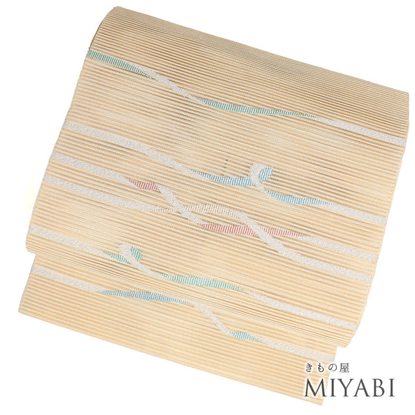 名古屋帯 リサイクル 帯丈369.5cm ポイント柄 8寸 絽 紐柄 金銀糸加工 ベージュ Mサイズ 不明 Sランク カジュアル