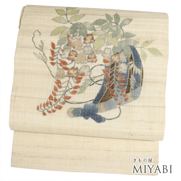 名古屋帯 リサイクル 帯丈365cm ポイント柄 藤柄 ベージュ Mサイズ 正絹 Sランク お洒落