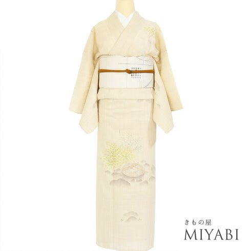 付下げ リサイクル 夏着物 身丈161.5cm 裄65.2cm 夏物 蹲に茶道や手水鉢柄 ベージュ Lサイズ お洒落 正絹 広衿 Sランク