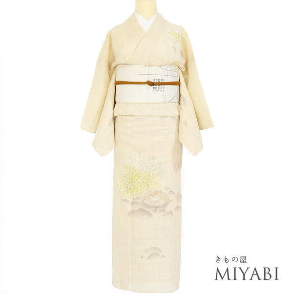 付下げ リサイクル 夏着物 身丈161.5cm 裄65.2cm 夏物 蹲に茶道や手水鉢柄 ベージュ Lサイズ お洒落 正絹 広衿 Sランク