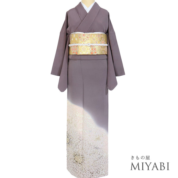 色留袖 リサイクル 身丈166.2cm 裄66.4cm 袷 おぼろ染め 相良刺繍 絞り 滝奏 パープル LLサイズ セミフォーマル 落款 一つ紋 正絹 広衿 Sランク