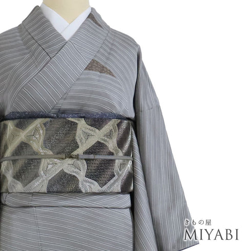 小紋 リサイクル 身丈162.3cm 裄63.4cm 袷 幾何学柄 箔 グレー Lサイズ お洒落 カジュアル 正絹 広衿 Sランク