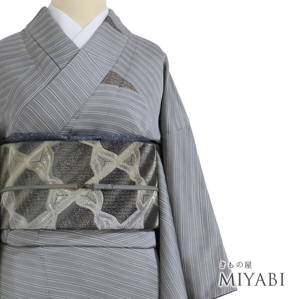 小紋 リサイクル 身丈162.3cm 裄63.4cm 袷 幾何学柄 箔 グレー Lサイズ お洒落 カジュアル 正絹 広衿 Sランク