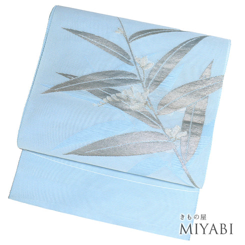 名古屋帯 リサイクル 帯丈372cm ポイント柄 8寸 植物柄 絽 ブルー Mサイズ 不明 Bランク カジュアル