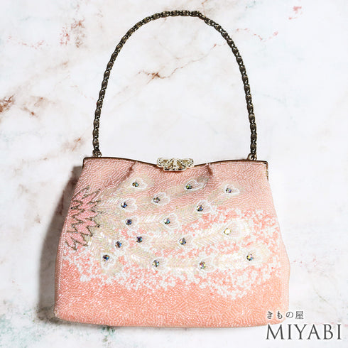 バッグ ピンク ビーズ Sランク 孔雀の羽柄
