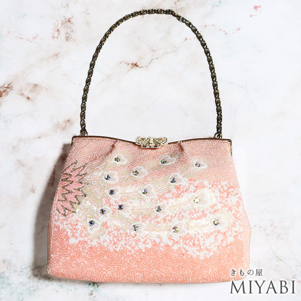 バッグ ピンク ビーズ Sランク 孔雀の羽柄