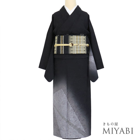 訪問着 リサイクル 身丈160.5cm 裄65.8cm 袷 幾何学柄 地紋 ブラック Lサイズ お洒落 落款 正絹 広衿 Sランク