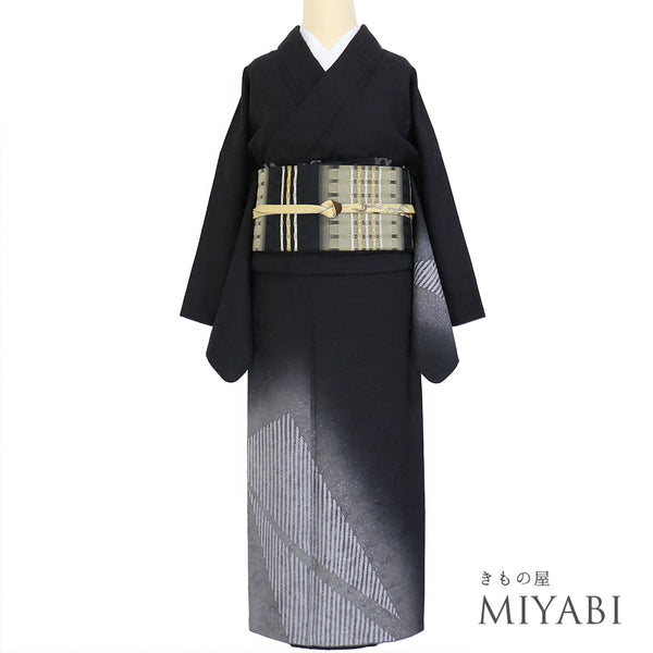 訪問着 リサイクル 身丈160.5cm 裄65.8cm 袷 幾何学柄 地紋 ブラック Lサイズ お洒落 落款 正絹 広衿 Sランク