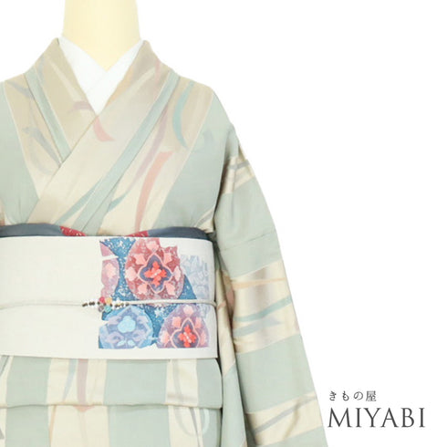 小紋 リサイクル 身丈166.2cm 裄69.8cm 袷 デザイン彩色模様 地紋 グリーン LLサイズ お洒落 カジュアル 正絹 広衿 Sランク