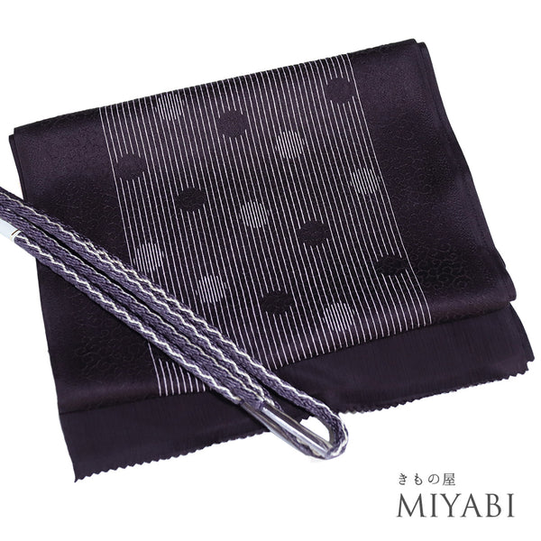 帯締め・帯揚げセット リサイクル 手組紐 パープル 正絹 新品・未使用品 水玉 ストライプ