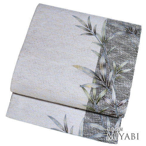 袋帯 リサイクル 帯丈448cm 全通 草柄 グレー Mサイズ 正絹 Sランク お洒落