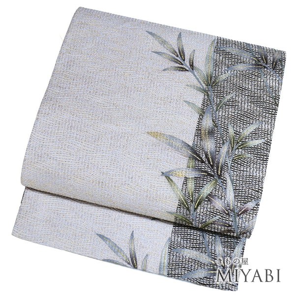 袋帯 リサイクル 帯丈448cm 全通 草柄 グレー Mサイズ 正絹 Sランク お洒落