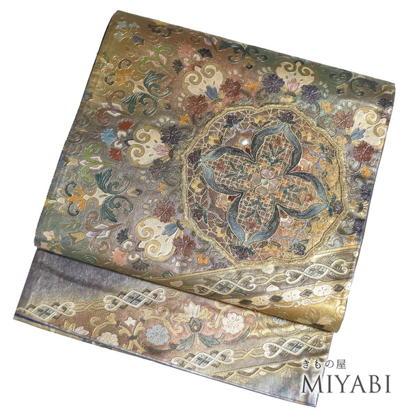 袋帯 リサイクル 帯丈436cm ポイント柄 華文柄 螺鈿細工 多色 Mサイズ 正絹 Sランク フォーマル お洒落