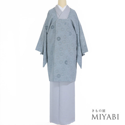 道行コート リサイクル 身丈92.5cm 裄66.4cm 袷 部分ビロード 菊尽くし柄 地紋 ブルー Mサイズ お洒落 不明 Sランク