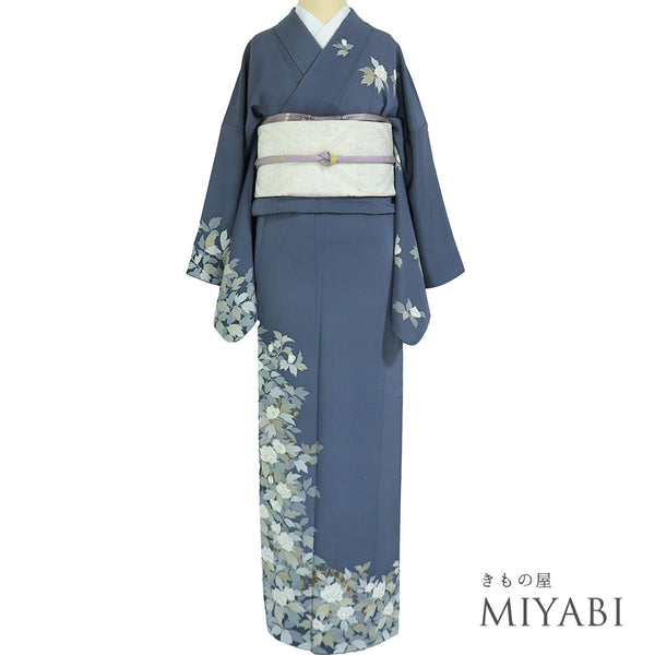 訪問着 リサイクル 身丈163cm 裄67.4cm 袷 花柄 パールトーン加工 箔 ブルー Lサイズ お洒落 正絹 広衿 Aランク