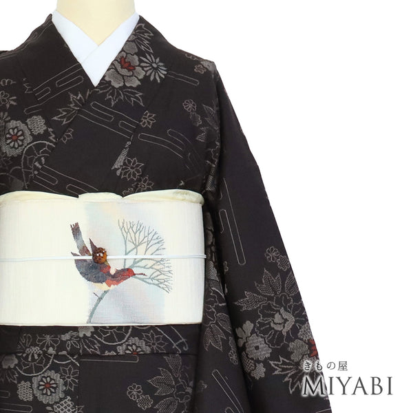 紬 リサイクル 身丈163cm 裄65.6cm 袷 花車柄 ブラウン Lサイズ お洒落 カジュアル しつけ糸 正絹 広衿 Sランク