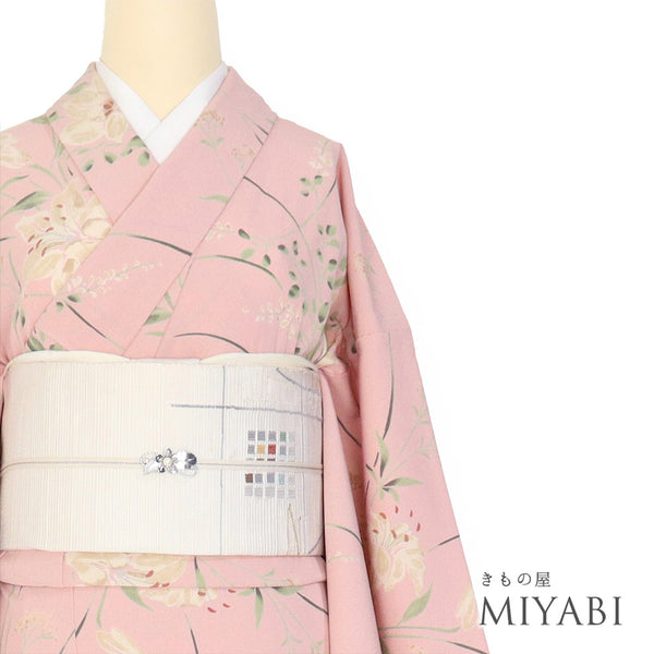 小紋 リサイクル 身丈168cm 裄65.5cm 単衣 百合柄 ピンク LLサイズ カジュアル ポリエステル 洗える着物 広衿 Aランク