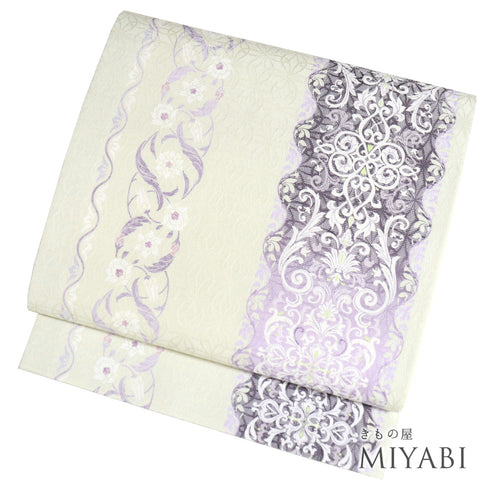 名古屋帯 リサイクル 帯丈380cm 全通 デザイン花模様 京袋帯 アイボリー Lサイズ 正絹 Sランク お洒落