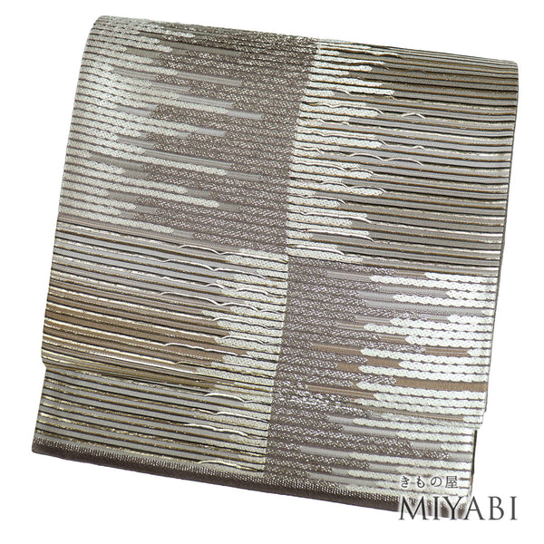 袋帯 リサイクル 帯丈456cm 六通 ボーダー柄 シルバー Lサイズ 正絹 Sランク お洒落