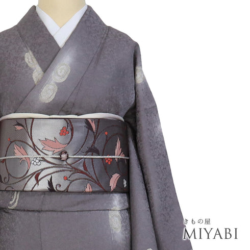 小紋 リサイクル 身丈163.8cm 裄64.4cm 袷 渦巻き柄 パープル Lサイズ お洒落 カジュアル しつけ糸 正絹 広衿 Sランク