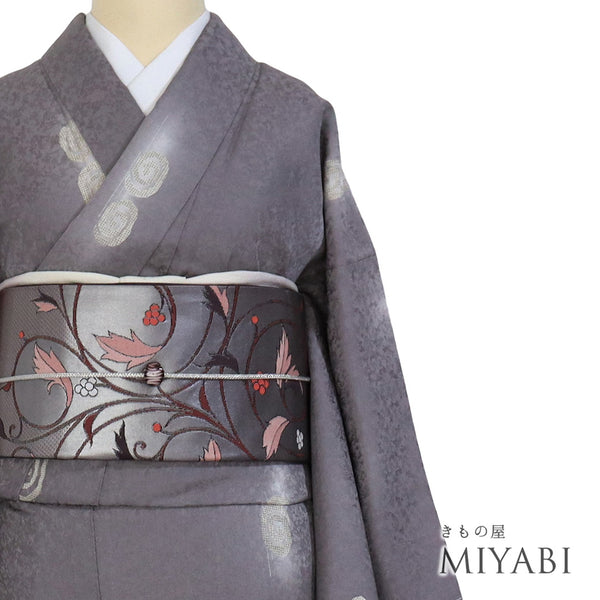 小紋 リサイクル 身丈163.8cm 裄64.4cm 袷 渦巻き柄 パープル Lサイズ お洒落 カジュアル しつけ糸 正絹 広衿 Sランク