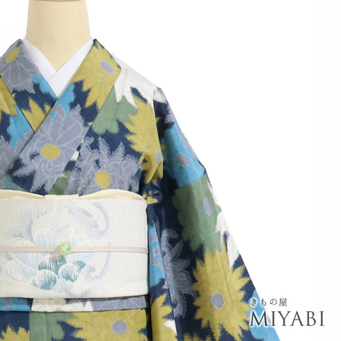 紬 リサイクル 身丈163.5cm 裄65.6cm 袷 菊柄 多色 Lサイズ カジュアル お洒落 しつけ糸 正絹 広衿 Sランク