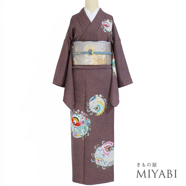 訪問着 リサイクル 身丈152.2cm 裄67.6cm 袷 たたき柄 パープル Sサイズ お洒落 正絹 広衿 Sランク