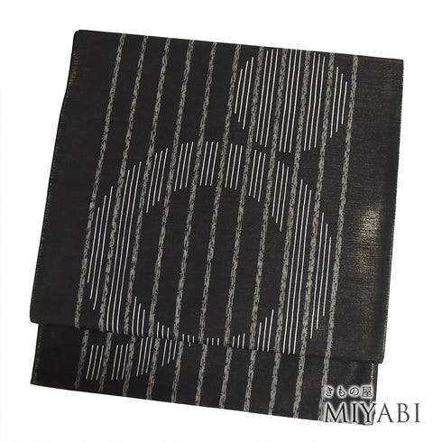 袋帯 リサイクル 帯丈440cm 全通 縞や丸柄 ブラック Mサイズ 正絹 新品・未使用品 お洒落