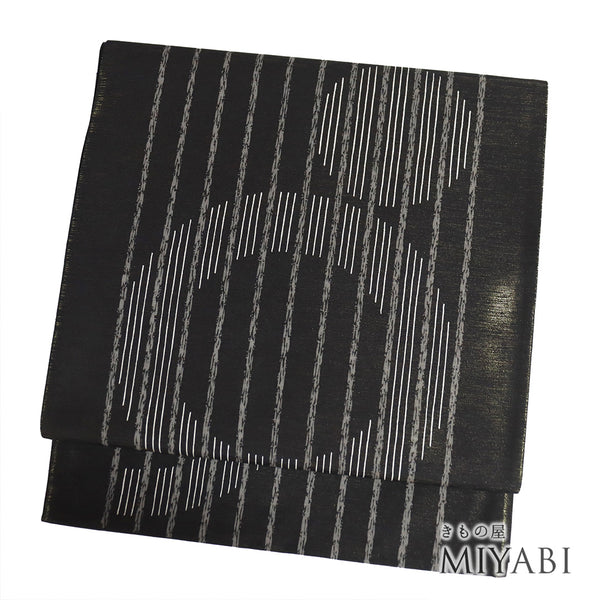 袋帯 リサイクル 帯丈440cm 全通 縞や丸柄 ブラック Mサイズ 正絹 新品・未使用品 お洒落