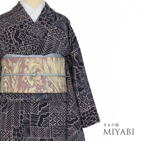 小紋 リサイクル 身丈160.6cm 裄65.2cm 袷 裂取り柄 ネイビー Lサイズ お洒落 カジュアル 正絹 広衿 Aランク