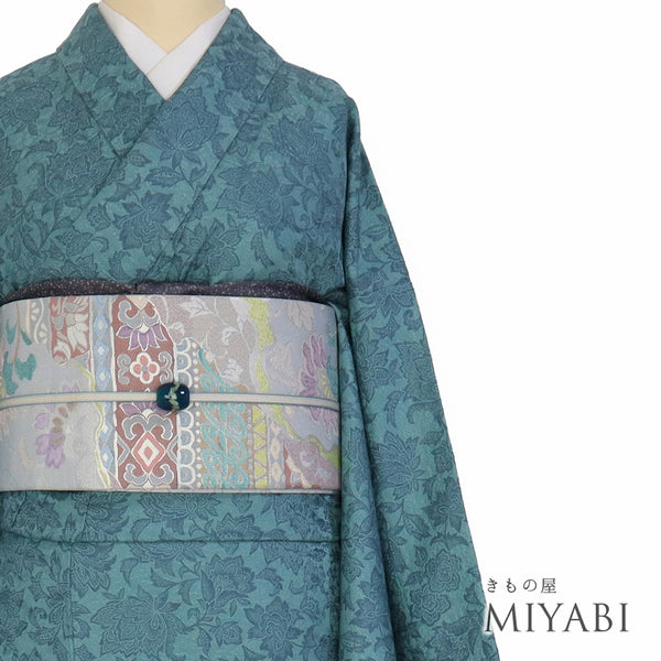 小紋 リサイクル 身丈161.5cm 裄66.7cm 袷 花唐草柄 地紋 グリーン Lサイズ お洒落 カジュアル 正絹 広衿 Aランク