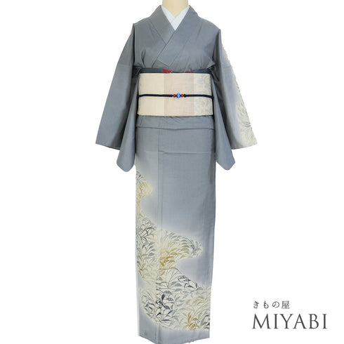 付下げ 身丈159.3cm 裄65.4cm 袷 葉柄 グレー Mサイズ お洒落 正絹 広衿 Sランク