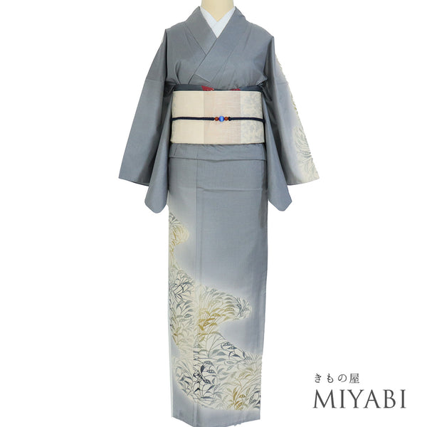 付下げ 身丈159.3cm 裄65.4cm 袷 葉柄 グレー Mサイズ お洒落 正絹 広衿 Sランク