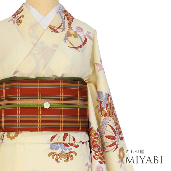 小紋 リサイクル 身丈165.8cm 裄67.5cm 袷 手毬に菊模様 ベージュ LLサイズ お洒落 カジュアル ポリエステル 広衿 Aランク