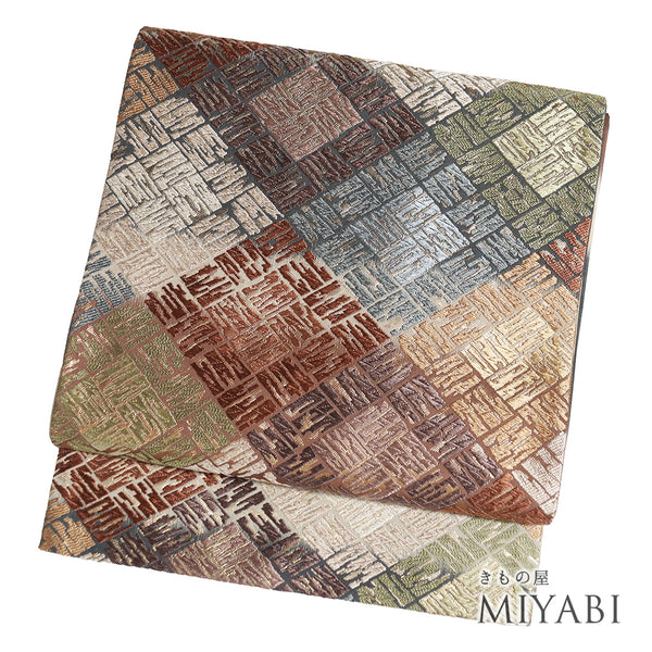 袋帯 リサイクル 帯丈442cm 六通 幾何学柄 西陣織り 多色 Mサイズ 正絹 Sランク セミフォーマル お洒落