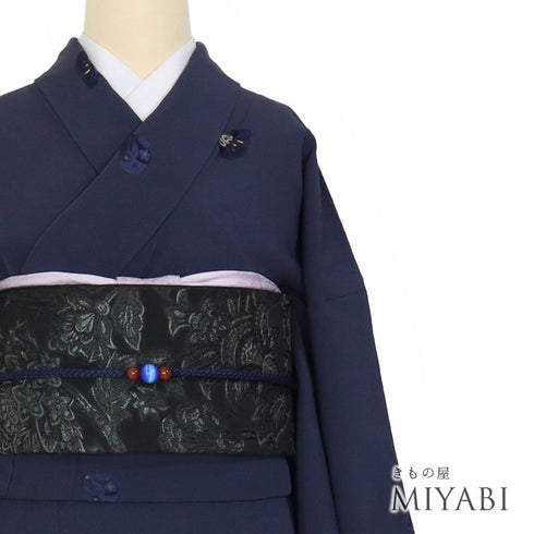 小紋 リサイクル 身丈161.7cm 裄67.2cm 袷 ぽっくり柄 刺繍 ネイビー Lサイズ お洒落 カジュアル 正絹 広衿 Sランク