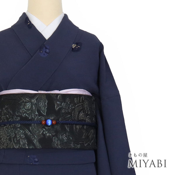 小紋 リサイクル 身丈161.7cm 裄67.2cm 袷 ぽっくり柄 刺繍 ネイビー Lサイズ お洒落 カジュアル 正絹 広衿 Sランク
