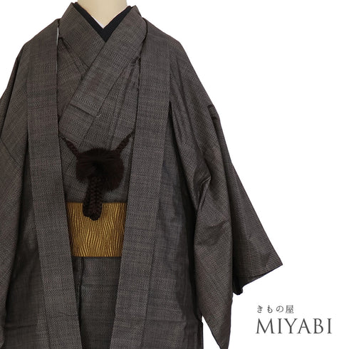 アンサンブル 男物 リサイクル 身丈142.8cm 裄68.8cm 羽織丈90cm 袷 紬 ブラウン Sサイズ お洒落 カジュアル 正絹 バチ衿 Aランク