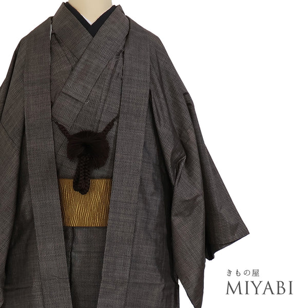 アンサンブル 男物 リサイクル 身丈142.8cm 裄68.8cm 羽織丈90cm 袷 紬 ブラウン Sサイズ お洒落 カジュアル 正絹 バチ衿 Aランク